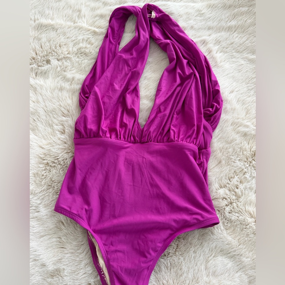 Plunge Halter One-Piece Swimsuit in Magenta